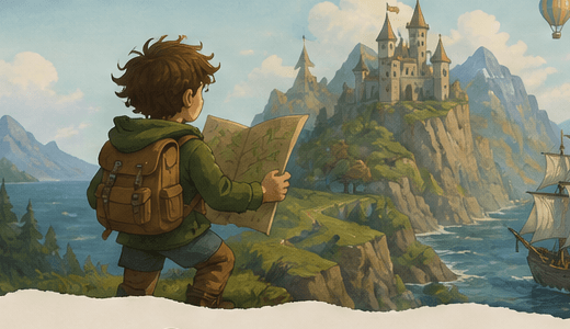 A young explorer holding a map and looking toward a castle beyond a winding river